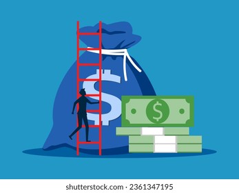 greatest success in investing. Businessman climbs up a pile of money with a ladder