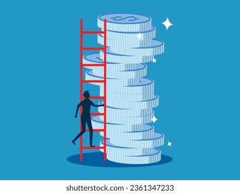 greatest success in investing. Businessman climbs up a pile of coins with a ladder