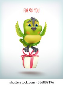 Greating card with green parrot and gift