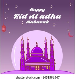 greating card happy eid al adha, with a purple theme, Islamic greeting illustration, muslim holiday, purple mosque
