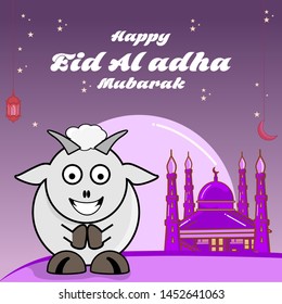 greating card happy eid al adha with cute and funny sheep, and purple theme, Islamic greeting llustration, muslim holiday, background mosque