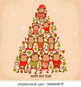 Greating card with monkeys, symbol of Chineze New Year. Vector