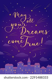 Greating card with starfall over the night city and wishes. Vector color illustration.