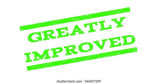 Greatly Improved watermark stamp. Text tag between parallel lines with grunge design style. Rubber seal stamp with unclean texture. Vector light green color ink imprint on a white background.