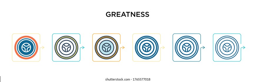 Greatness vector icon in 6 different modern styles. Black, two colored greatness icons designed in filled, outline, line and stroke style. Vector illustration can be used for web, mobile, ui