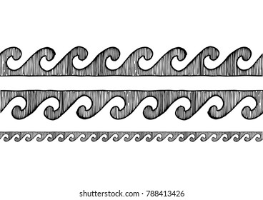 grecian wave. old greek border ornament in ink hand drawn style. Horizontal seamless pattern border. 