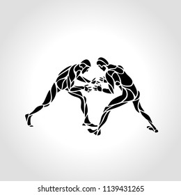 Greco roman sport, fighting game. Vector Black and White Freestyle Wrestling Illustration