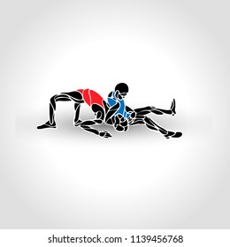 Greco roman sport, fighting game. Vector Black and White Freestyle Wrestling Illustration