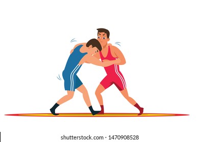 Greco roman wrestling flat vector illustration. Young wrestlers, professional fighters cartoon characters. Sparring partners training exercise. Championship match, traditional single combat