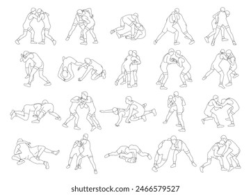 Greco Roman wrestling set. Wrestlers fighting poses, competing. Martial art. Vector illustration isolated on white background