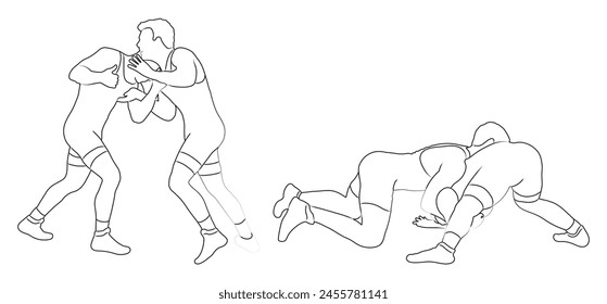 Greco Roman wrestling. Sport fighters in battle, combat, grappling. Martial art. Vector illustration isolated on white background