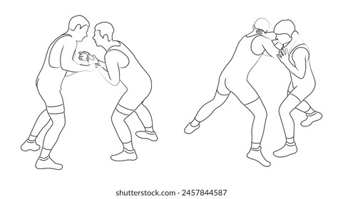 Greco Roman wrestling. Sport fighters in battle, combat, grappling. Martial art. Vector illustration isolated on white background