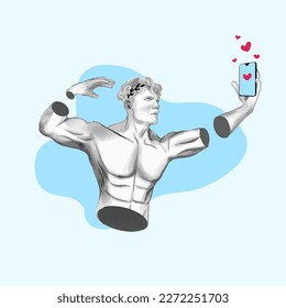 Greco-Roman statue aesthetic. Statue as an social media influencer holding a smartphone and posing for selfie. Greek god flexing