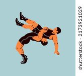 Greco-roman wrestlers. Two athletes Wrestle. Making a suplex. Freestyle, collegiate, amateur wrestling, MMA concept. Hand drawn modern Vector illustration. Logo, poster, design template