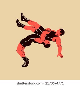 Luchadores grecorromanos. Dos atletas luchan. Haciendo un suplemento. Estilo libre, colegiado, lucha de aficionados, concepto de MMA. Dibujo manual de la moderna ilustración vectorial. Logo, cartel, plantilla de diseño