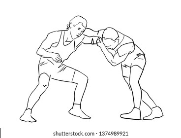 Greco-Roman wrestling. Black isolated contour. Fight of two wrestlers. Outlines of athletes in active poses. Sports competition or training. Vector silhouettes.