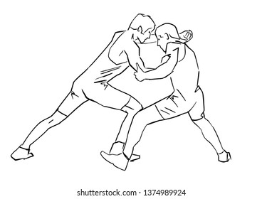 Greco-Roman wrestling. Black isolated contour. Fight of two wrestlers. Outlines of athletes in active poses. Sports competition or training. Vector silhouettes.