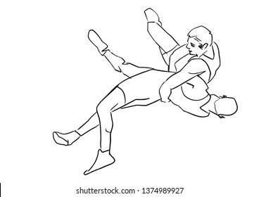 Greco-Roman wrestling. Black isolated contour. Fight of two wrestlers. Outlines of athletes in active poses. Sports competition or training. Vector silhouettes.