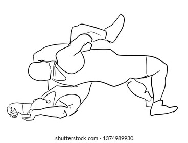 Greco-Roman wrestling. Black isolated contour. Fight of two wrestlers. Outlines of athletes in active poses. Sports competition or training. Vector silhouettes.