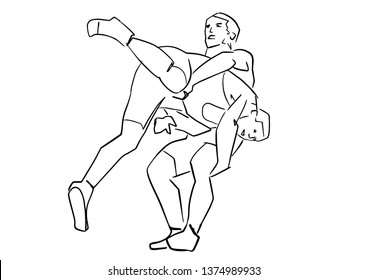 Greco-Roman wrestling. Black isolated contour. Fight of two wrestlers. Outlines of athletes in active poses. Sports competition or training. Vector silhouettes.