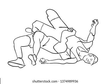 Greco-Roman wrestling. Black isolated contour. Fight of two wrestlers. Outlines of athletes in active poses. Sports competition or training. Vector silhouettes.