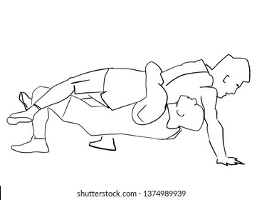 Greco-Roman wrestling. Black isolated contour. Fight of two wrestlers. Outlines of athletes in active poses. Sports competition or training. Vector silhouettes.