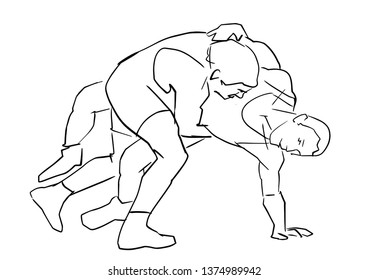 Greco-Roman wrestling. Black isolated contour. Fight of two wrestlers. Outlines of athletes in active poses. Sports competition or training. Vector silhouettes.