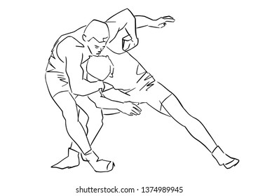 Greco-Roman wrestling. Black isolated contour. Fight of two wrestlers. Outlines of athletes in active poses. Sports competition or training. Vector silhouettes.