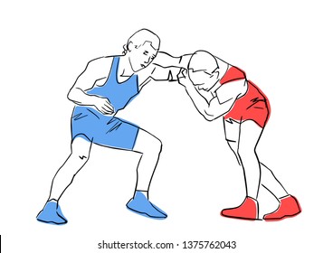 Greco-Roman wrestling. Fight of two wrestlers. Black contour, isolated colors. Vector flat illustration. Athletes in active poses. Sports competition or training.