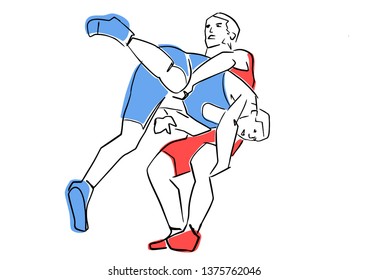 Greco-Roman wrestling. Fight of two wrestlers. Black contour, isolated colors. Vector flat illustration. Athletes in active poses. Sports competition or training.