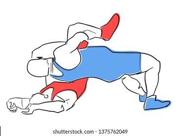 Greco-Roman wrestling. Fight of two wrestlers. Black contour, isolated colors. Vector flat illustration. Athletes in active poses. Sports competition or training.