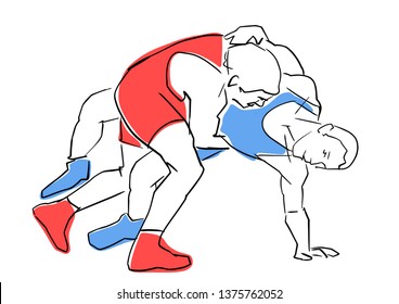 Greco-Roman wrestling. Fight of two wrestlers. Black contour, isolated colors. Vector flat illustration. Athletes in active poses. Sports competition or training.