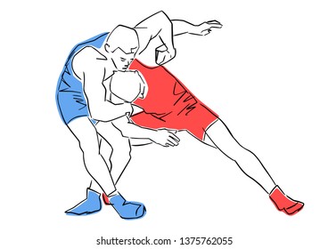 Greco-Roman wrestling. Fight of two wrestlers. Black contour, isolated colors. Vector flat illustration. Athletes in active poses. Sports competition or training.