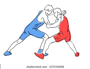 Greco-Roman wrestling. Fight of two wrestlers. Black contour, isolated colors. Vector flat illustration. Athletes in active poses. Sports competition or training.