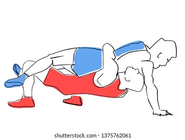 Greco-Roman wrestling. Fight of two wrestlers. Black contour, isolated colors. Vector flat illustration. Athletes in active poses. Sports competition or training.