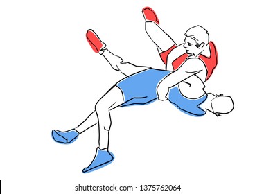 Greco-Roman wrestling. Fight of two wrestlers. Black contour, isolated colors. Vector flat illustration. Athletes in active poses. Sports competition or training.