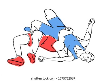 Greco-Roman wrestling. Fight of two wrestlers. Black contour, isolated colors. Vector flat illustration. Athletes in active poses. Sports competition or training.