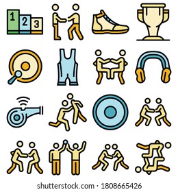 Greco-Roman wrestling icons set. Outline set of Greco-Roman wrestling vector icons thin line color flat on white