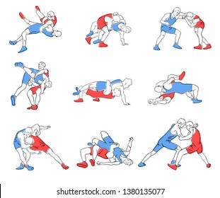 
Greco-Roman wrestling. Set of fighting wrestlers. Vector flat illustration. Isolated black contour and colors. Athletes in active poses. Sports competition or training.