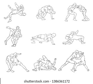 Greco-Roman wrestling. Set of fighting wrestlers. Vector silhouettes. Isolated contour. Black outlines. Athletes in active poses. Sports competition or training.