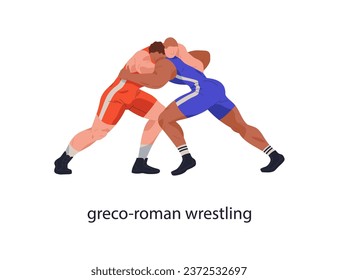 Greco-Roman wrestling. Wrestlers fighting, competing. Sport fighters in battle, combat, competition. Athletes sparring match. Martial art. Flat vector illustration isolated on white background