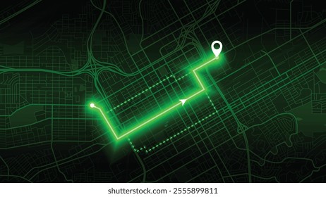 gree neon GPS road map of Birmingham with the arrow that moves to the point of destination