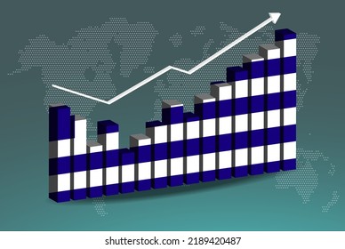 Greece 3D bar chart graph with ups and downs, increasing values, Greece country flag on 3D bar graph, upward rising arrow on data, news banner idea, developing country concept