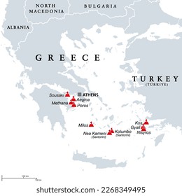 Greece, active and extinct volcanoes in the Aegean Sea region, political map. The latest eruption occured on the Greek island Santorini, Nea Kameni a round, flooded caldera erupted in the year 1950.