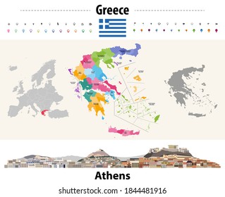 Greece administrative divisions map. Flag of Greece. Athens cityscape. Vector illustration