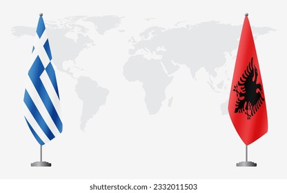 Greece and Albania flags for official meeting against background of world map.