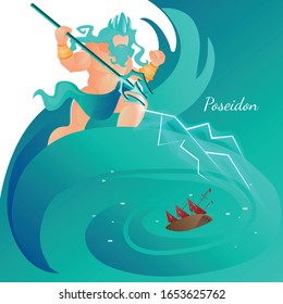 Greece Ancient God Poseidon Rise Up Among Sea Waves Striking Water Surface and Ship with his Trident. Neptune one of Famous Olympian Ancient Greece Pantheon Deities. Cartoon Flat Vector Illustration