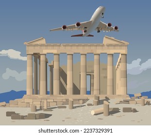 Greece, ancient Greek temple on the Acropolis. Vector.