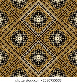 Greece ancient style luxury gold rhombus seamless pattern with mazes, greek key meander, flowers, frames. Vector ornamental beautiful modern background. Ornate elagant ornament. Endless texture.