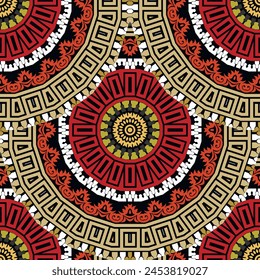Grecia estilo antiguo alicatado redondo oro rojo mandalas patrón sin costuras. Trepadores griegos, cremallera. Fondo de Vector floral étnico repetido ornamental. Adornar hermosos ornamentos modernos. Patrones de tela.